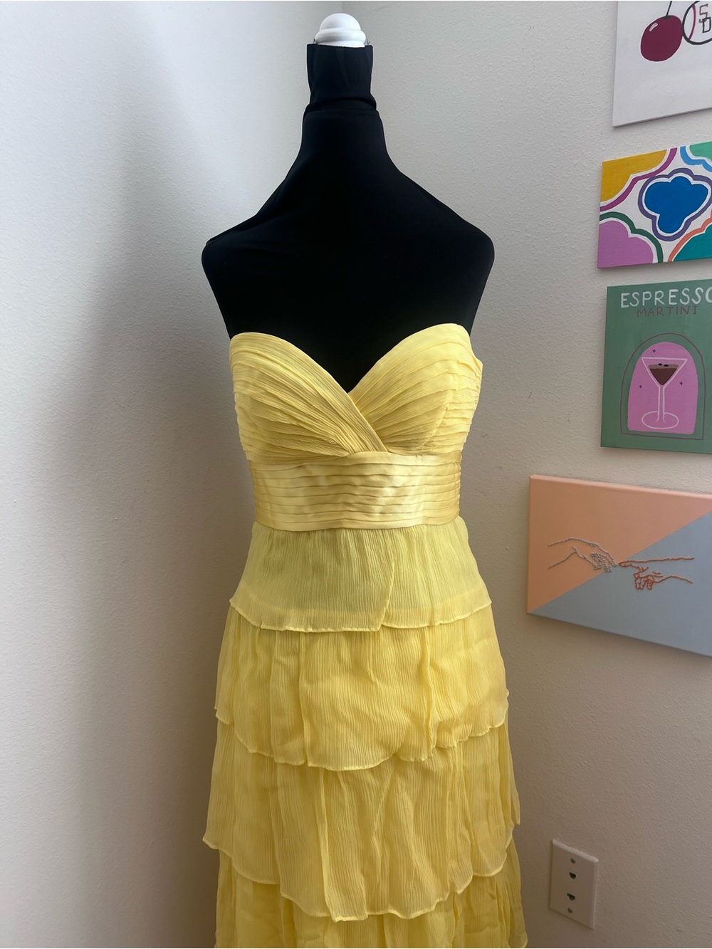 BCBG Max Azria Yellow Strapless Silk Gown – Tiered Ruffle Maxi Dress – Size 8